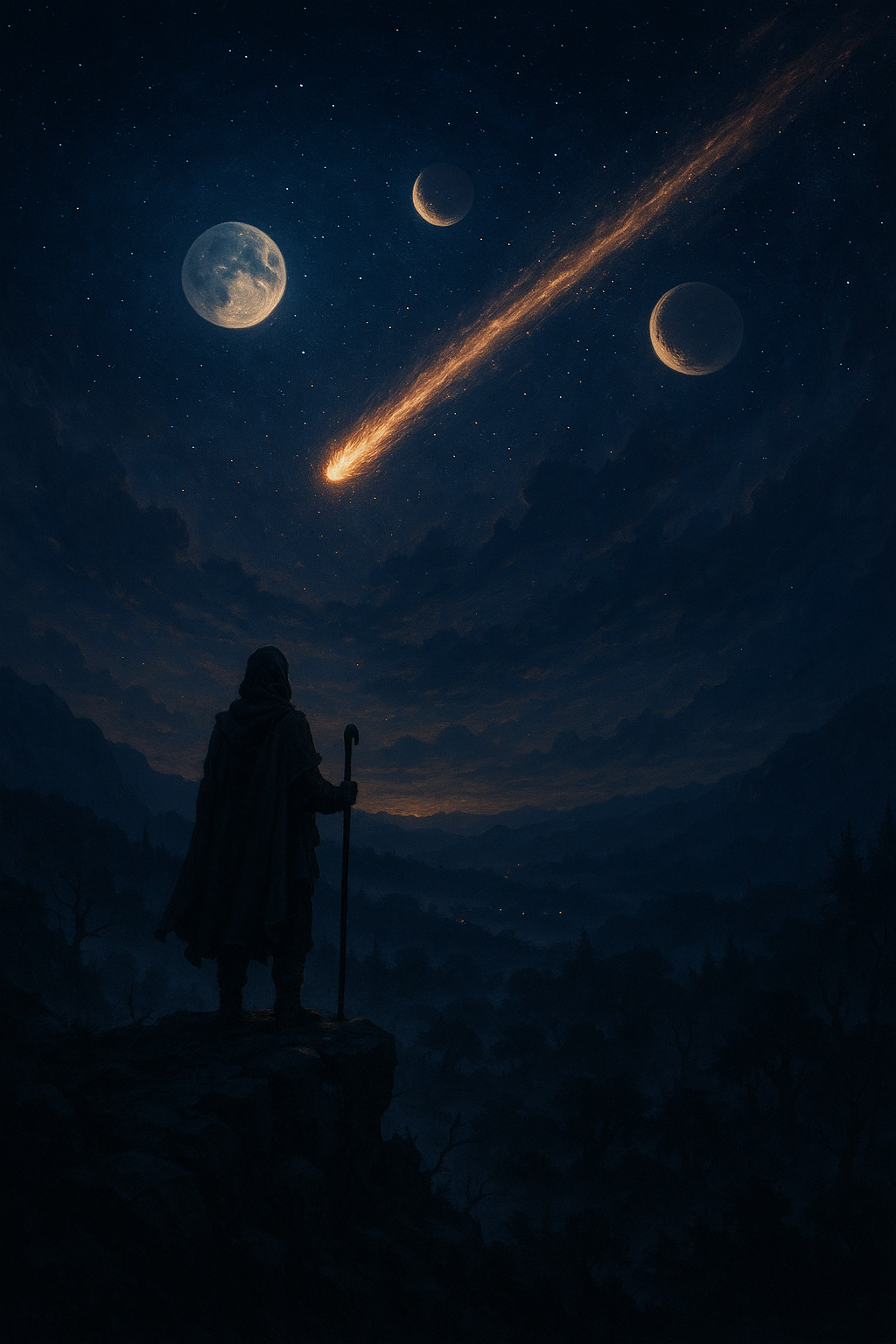 The Whispering Sage watches a fiery celestial object pass between three moons above Thalyara.